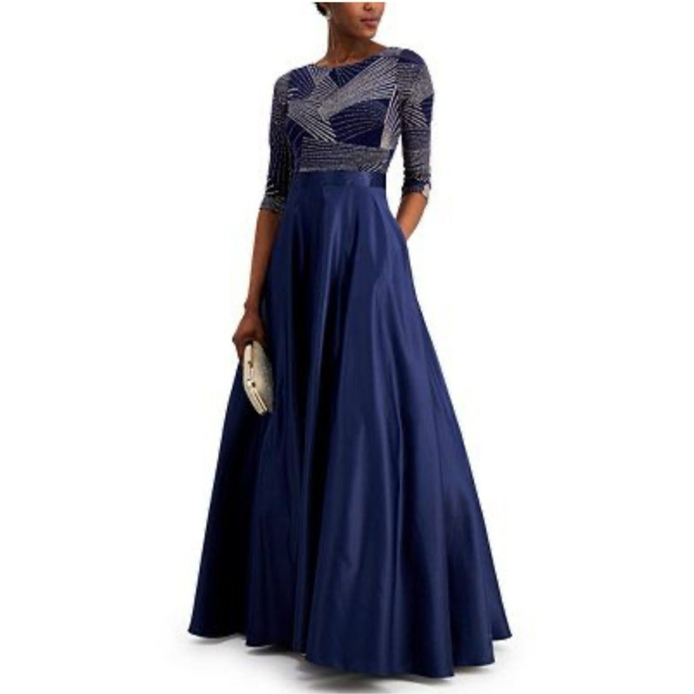 Betsy & Adam Navy Glitter Evening Gown Size 6P Empire Waist Pockets Tulle Slip